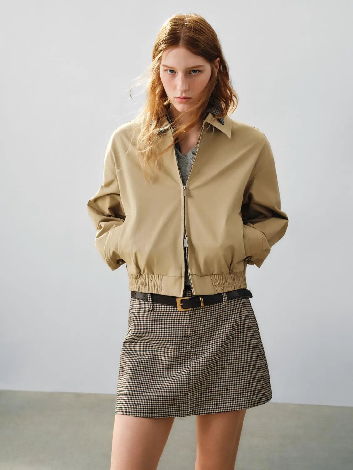 Zipper Front Elastic Hem Shirt Collar Long Sleeve Cotton Jacket