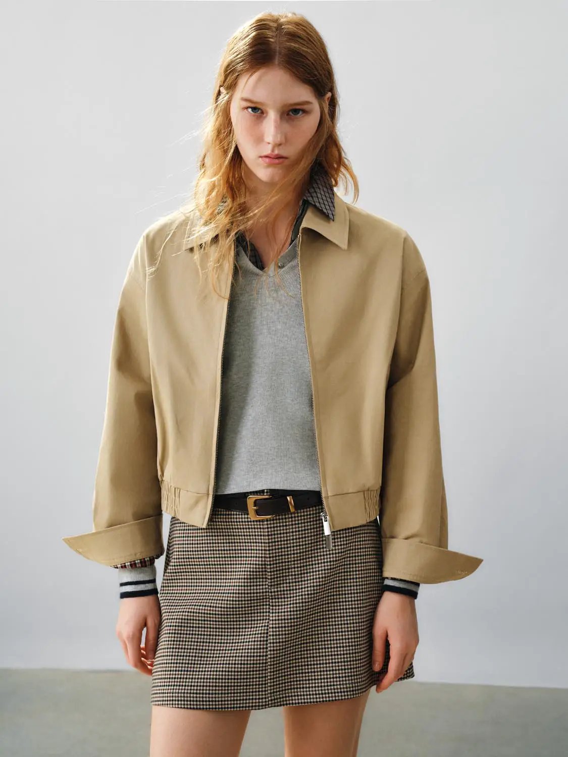 Zipper Front Elastic Hem Shirt Collar Long Sleeve Cotton Jacket