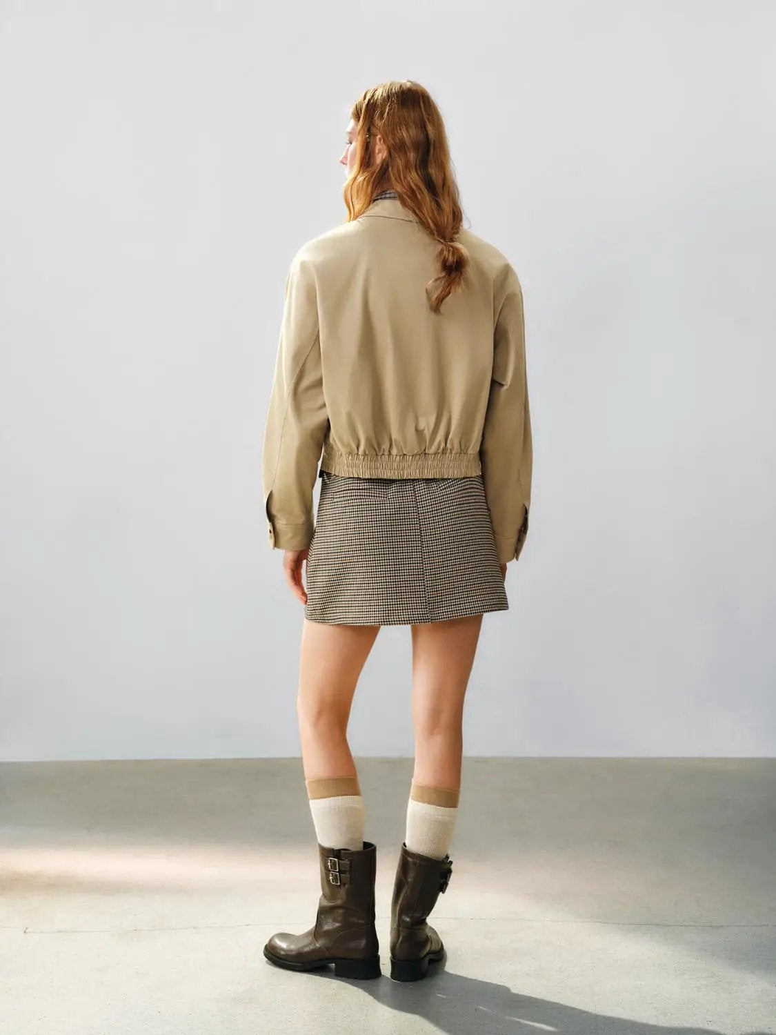 Zipper Front Elastic Hem Shirt Collar Long Sleeve Cotton Jacket