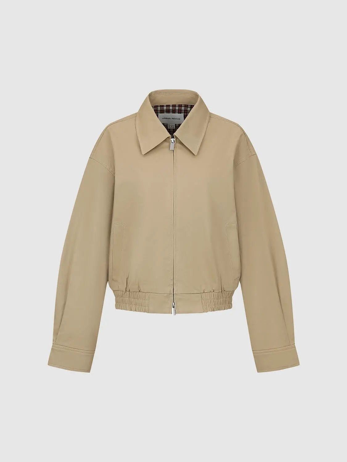 Zipper Front Elastic Hem Shirt Collar Long Sleeve Cotton Jacket
