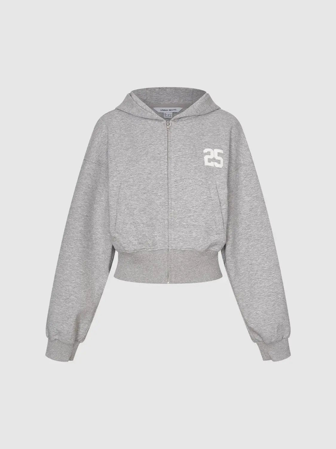 Cropped Number Print Zip Long Sleeve Cotton Blend Hoodie