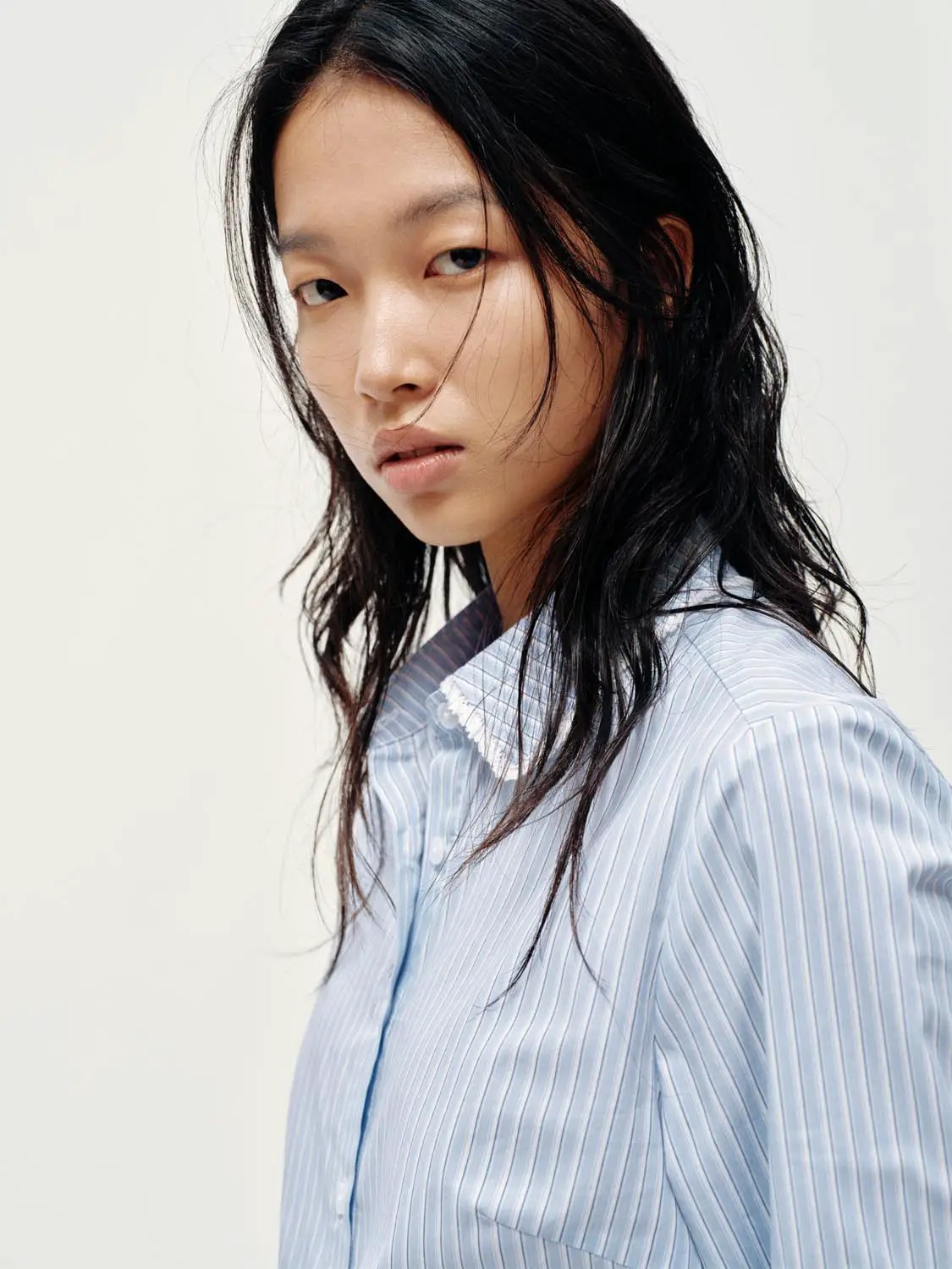 Point Collar Button Front Striped Ruffle Trim Cotton Shirt