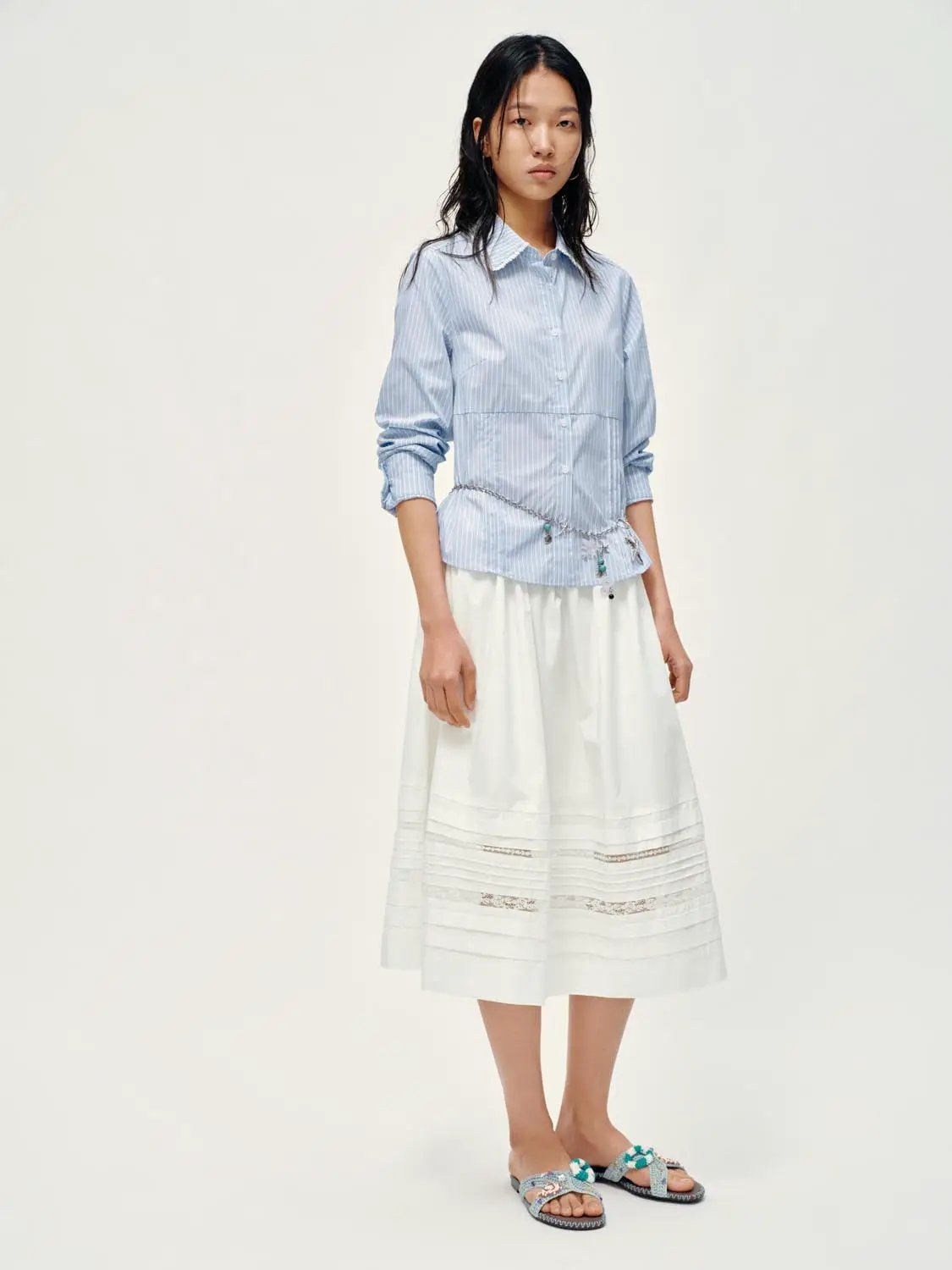Point Collar Button Front Striped Ruffle Trim Cotton Shirt