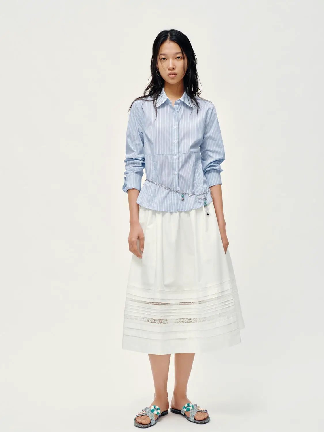 Point Collar Button Front Striped Ruffle Trim Cotton Shirt