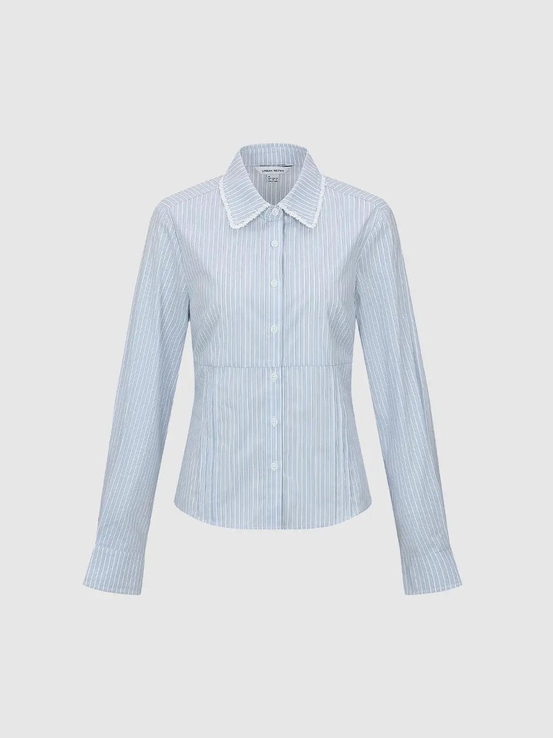 Point Collar Button Front Striped Ruffle Trim Cotton Shirt