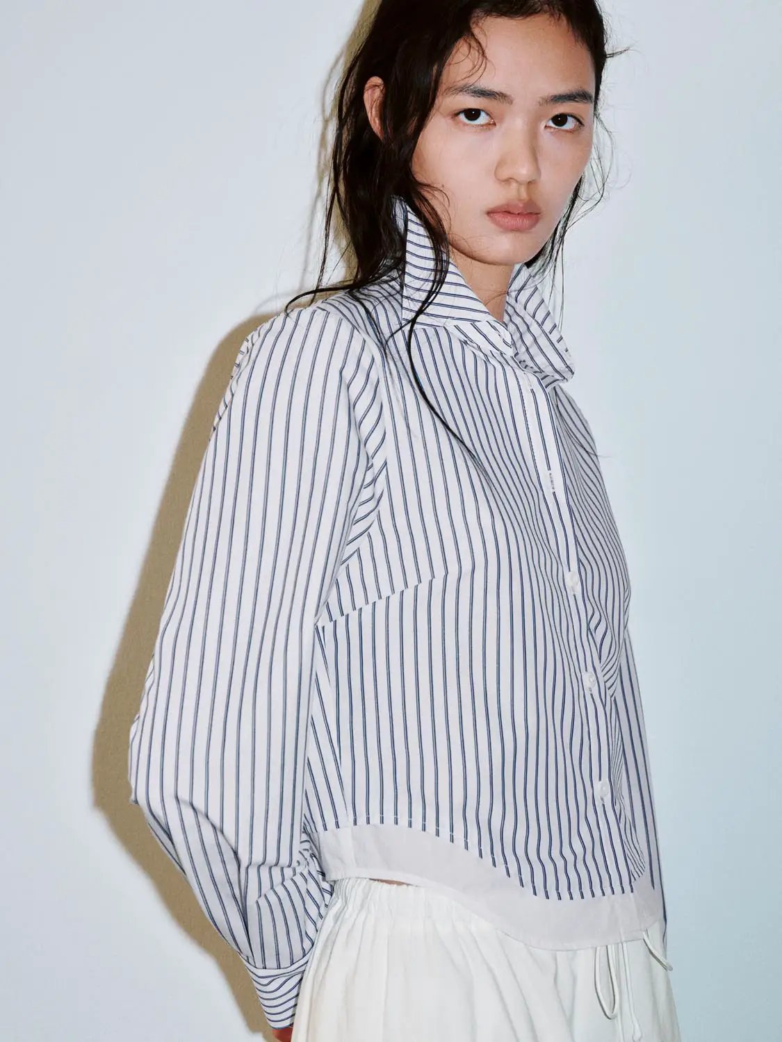 Collared Vertical Stripe Cropped Long Sleeve Cotton Shirt