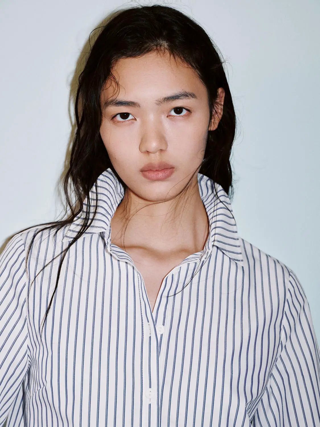 Collared Vertical Stripe Cropped Long Sleeve Cotton Shirt
