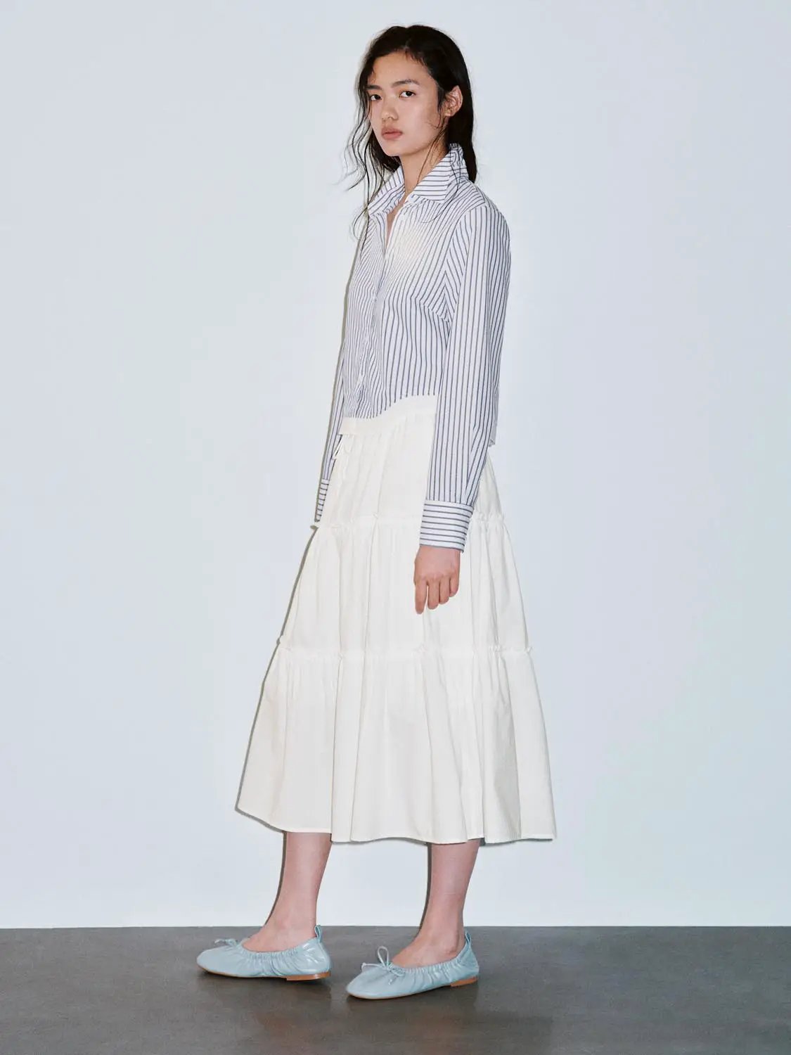 Collared Vertical Stripe Cropped Long Sleeve Cotton Shirt