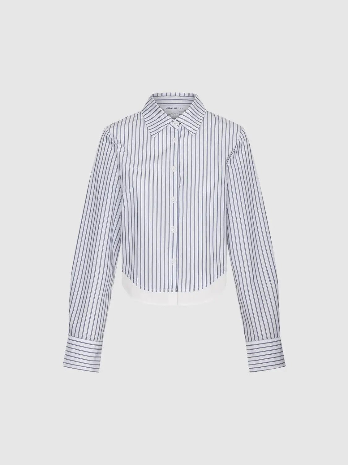 Collared Vertical Stripe Cropped Long Sleeve Cotton Shirt