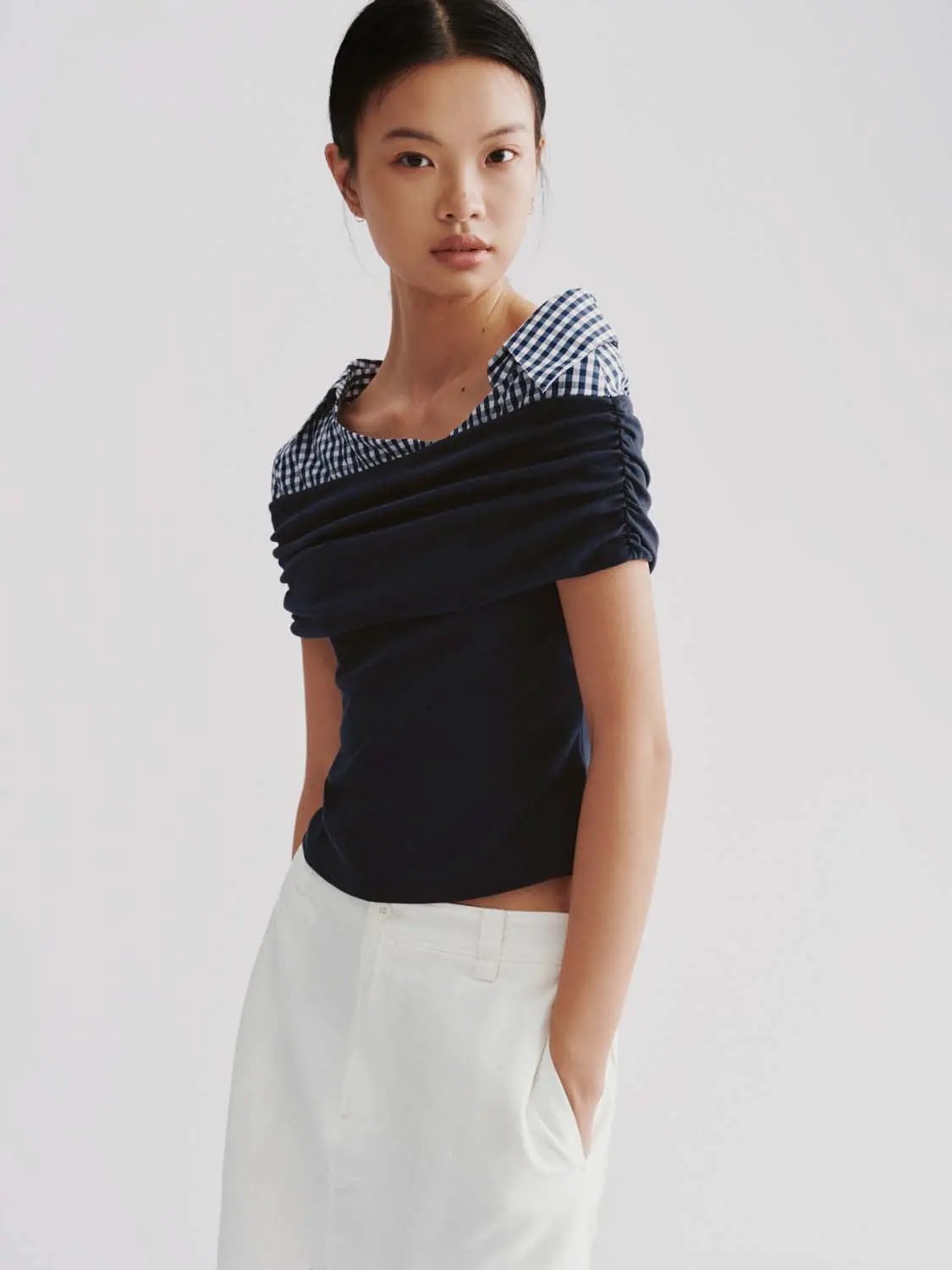 Stretch Off Shoulder Check Collar Cotton Shirt