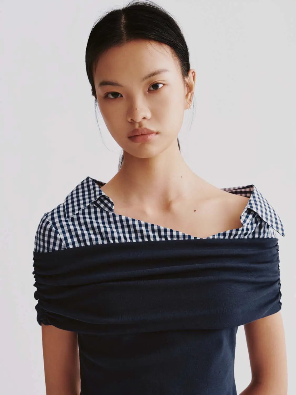 Stretch Off Shoulder Check Collar Cotton Shirt