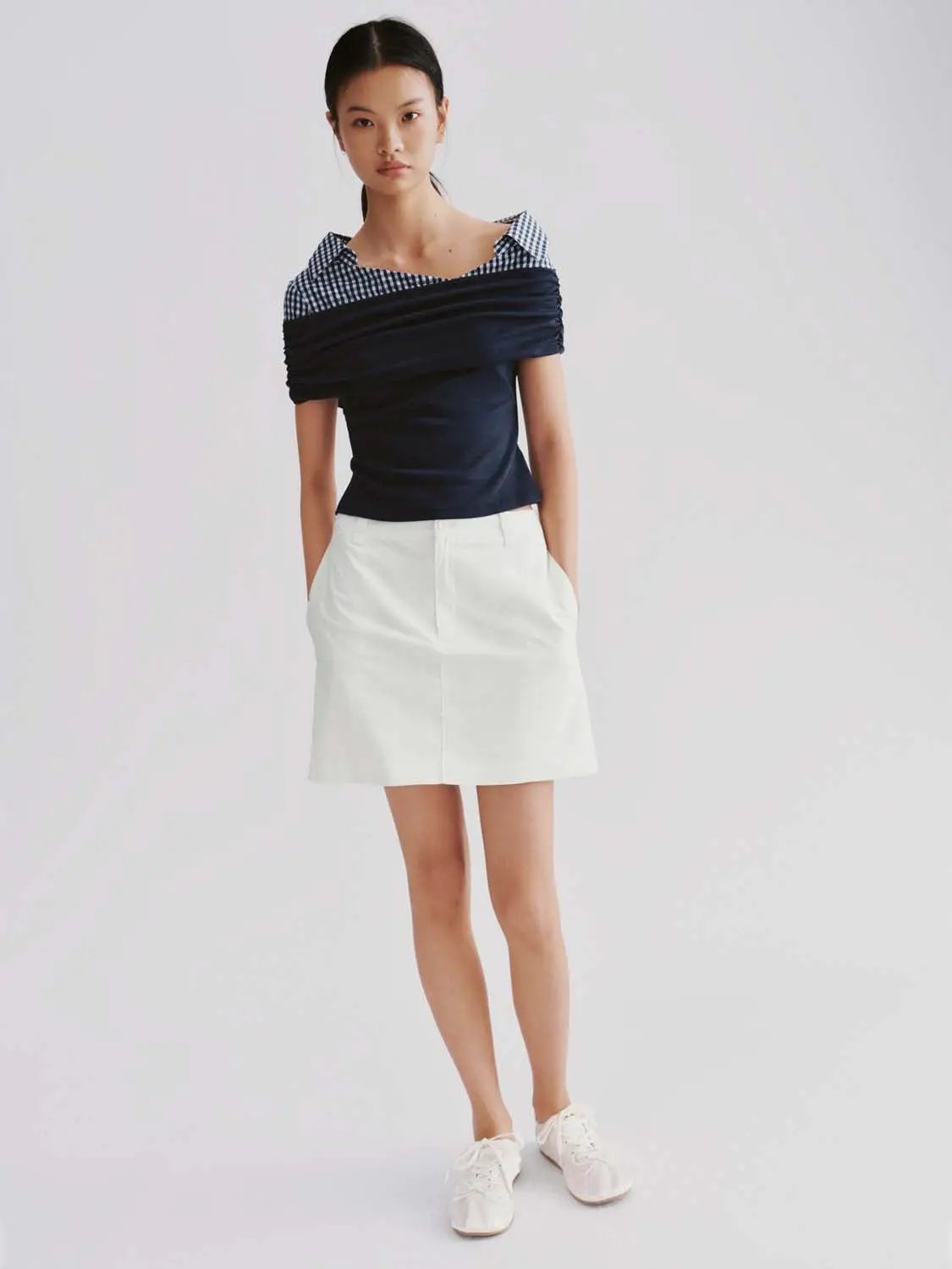 Stretch Off Shoulder Check Collar Cotton Shirt