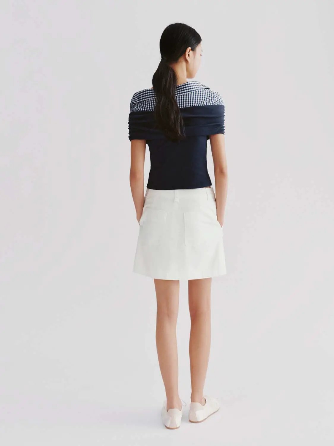 Stretch Off Shoulder Check Collar Cotton Shirt