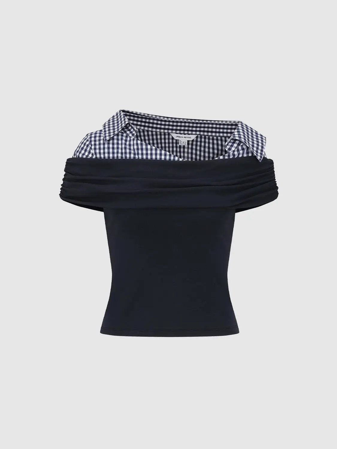 Stretch Off Shoulder Check Collar Cotton Shirt