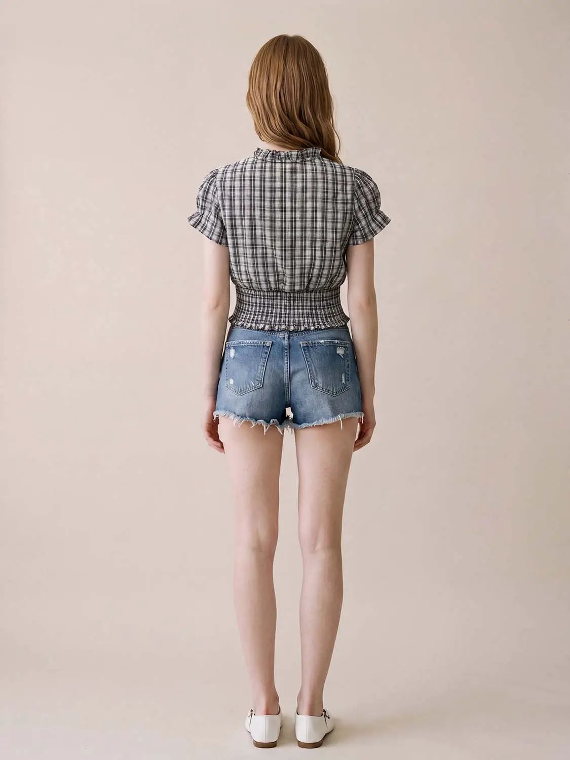 Checked Ruffle Trim Ruched Waist Short Sleeve Blouse