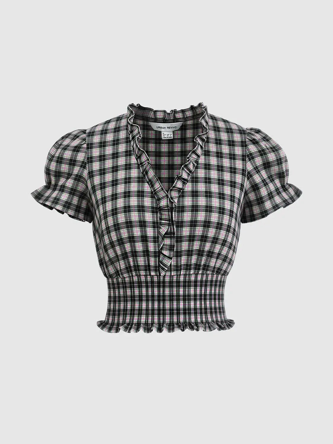 Checked Ruffle Trim Ruched Waist Short Sleeve Blouse