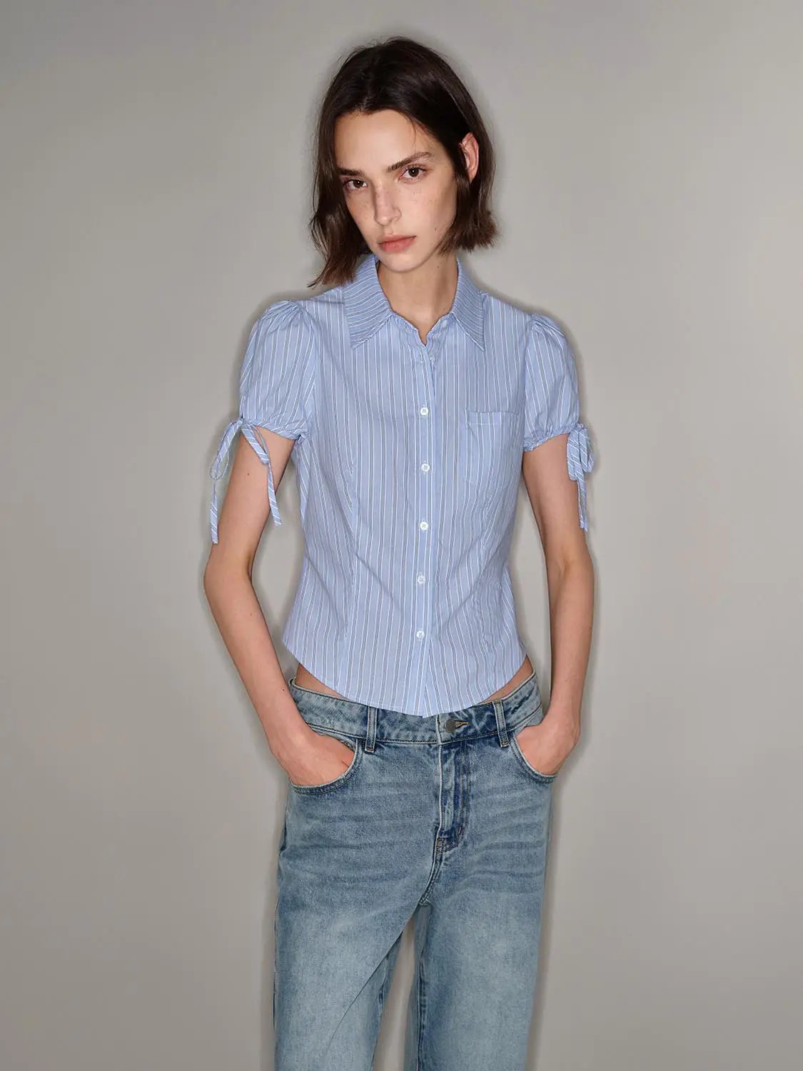 Vertical Stripe Puff Sleeve Cotton Shirt