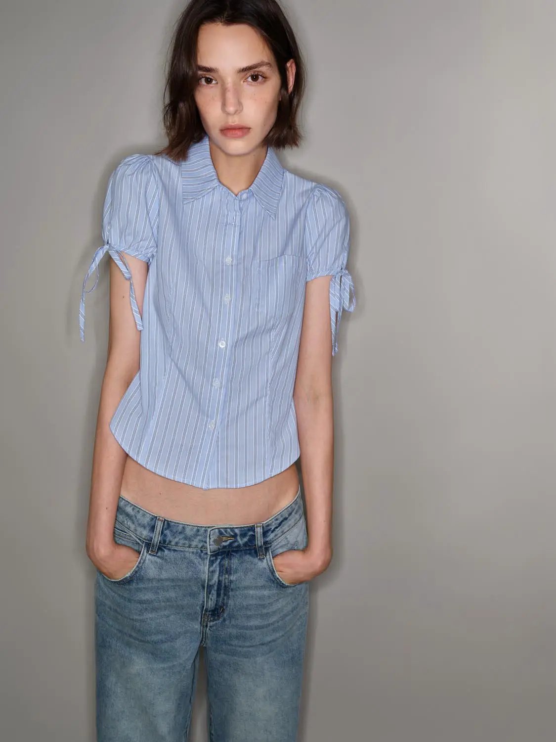 Vertical Stripe Puff Sleeve Cotton Shirt