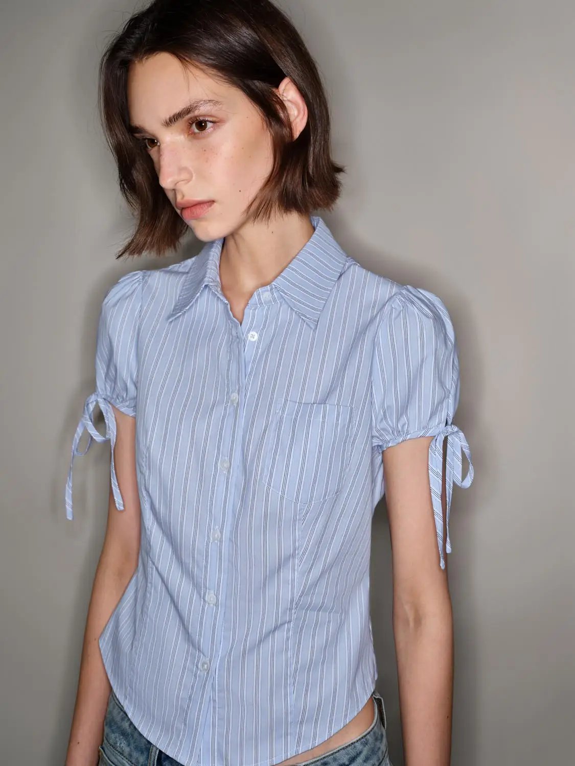 Vertical Stripe Puff Sleeve Cotton Shirt