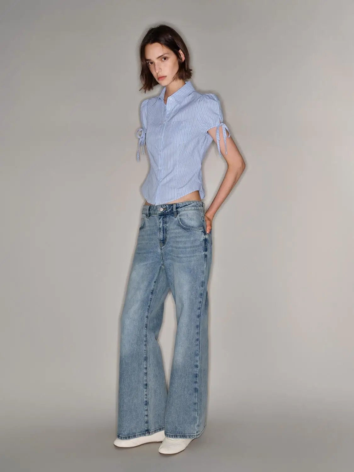Vertical Stripe Puff Sleeve Cotton Shirt
