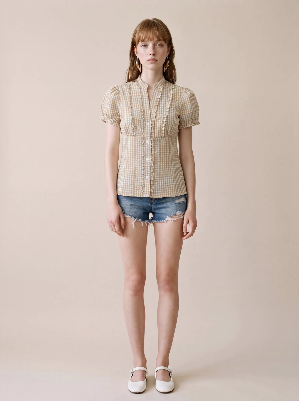 Gingham Ruffle Front Short Sleeve Cotton Shirt