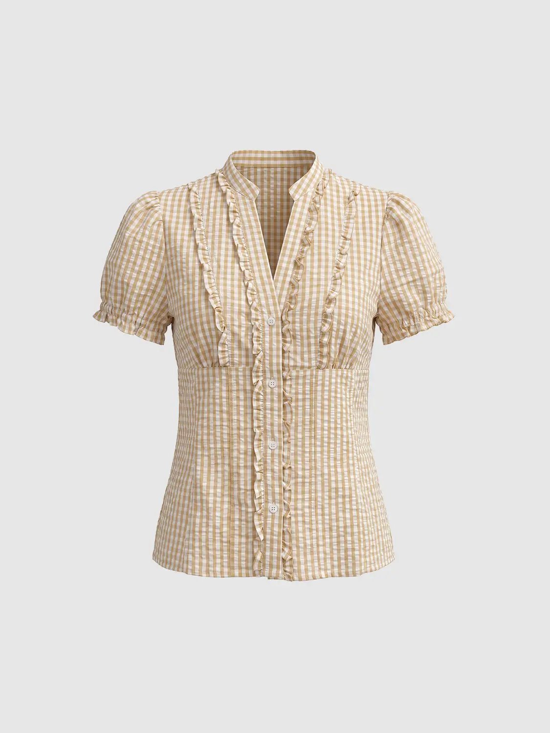 Gingham Ruffle Front Short Sleeve Cotton Shirt