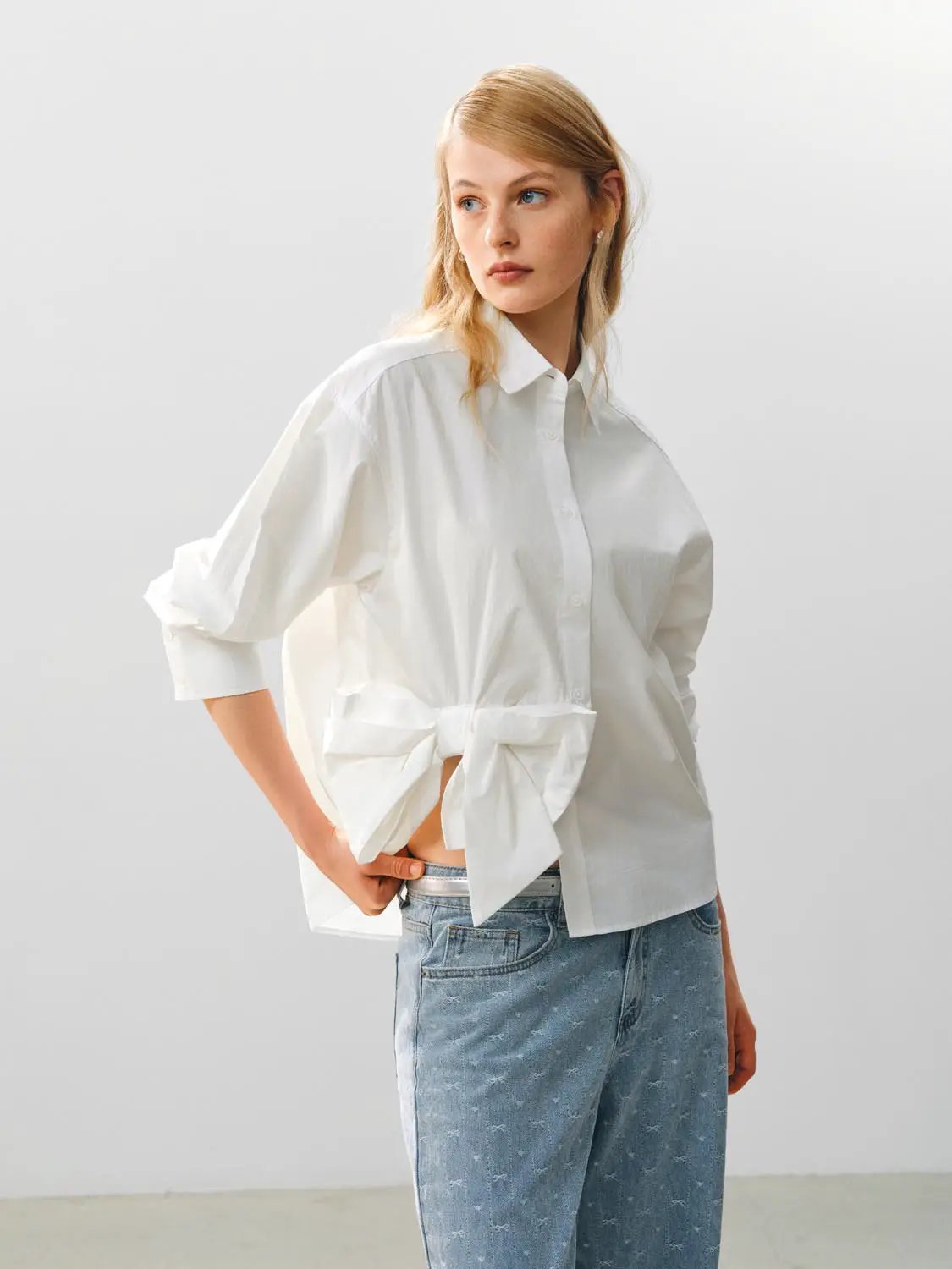 Button Front Tie Waist Cotton Long Sleeve Shirt