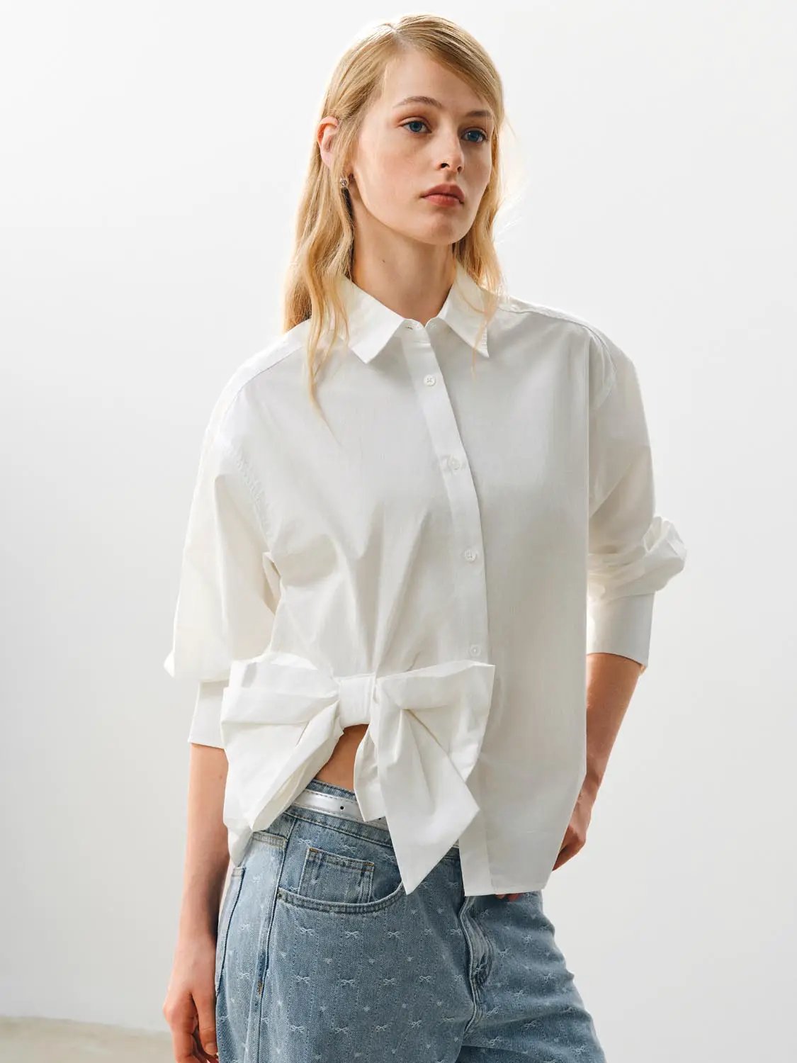 Button Front Tie Waist Cotton Long Sleeve Shirt