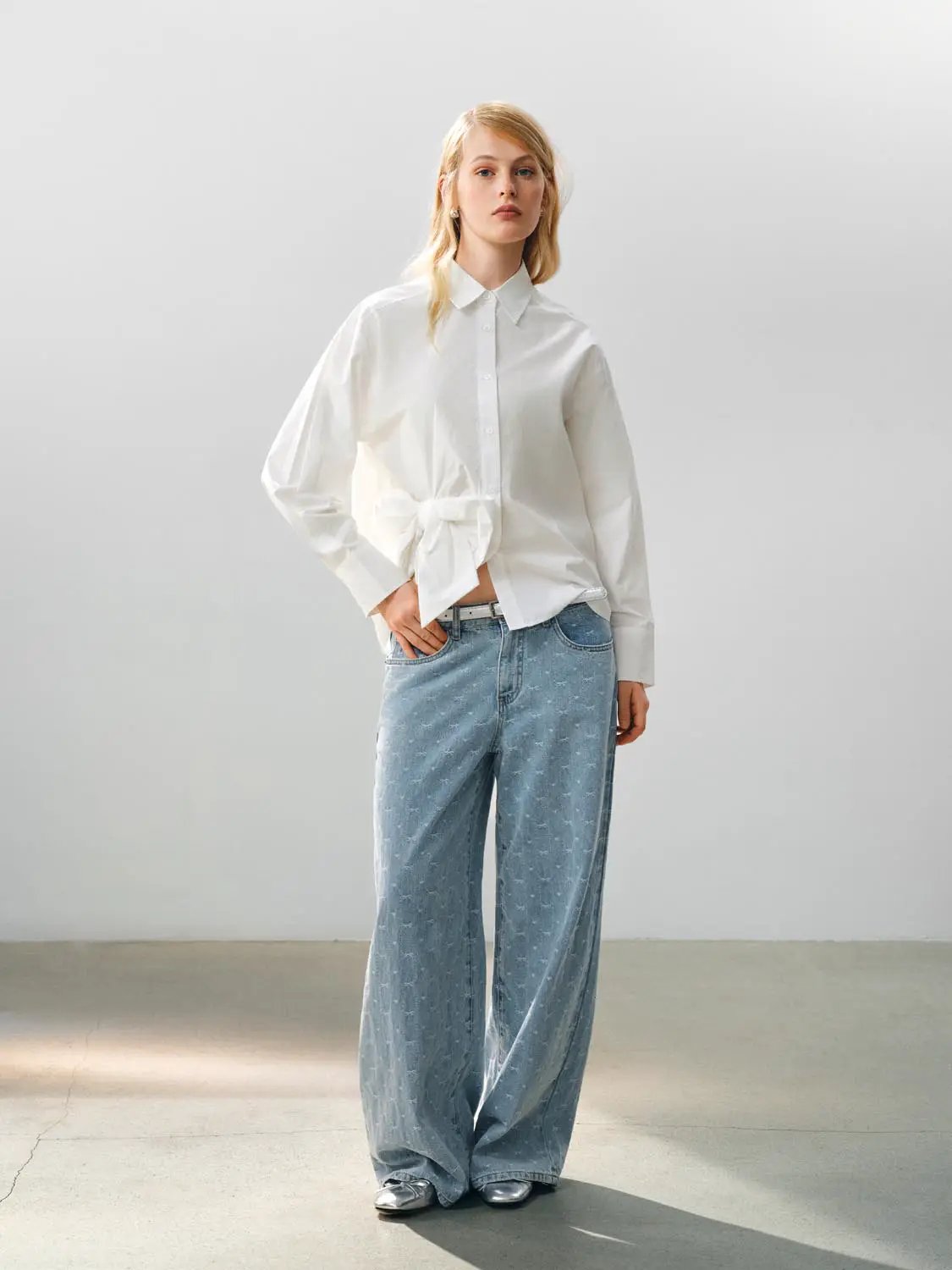 Button Front Tie Waist Cotton Long Sleeve Shirt