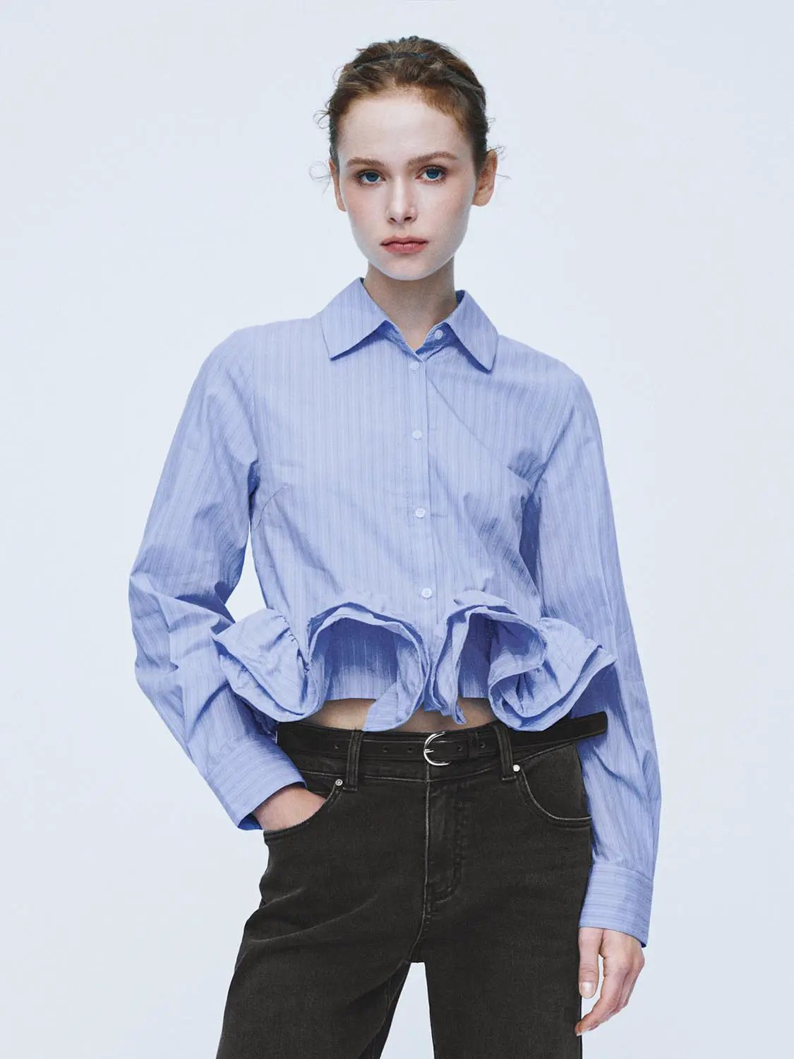 Open Front Ruffle Hem Striped Cotton Long Sleeve Shirt