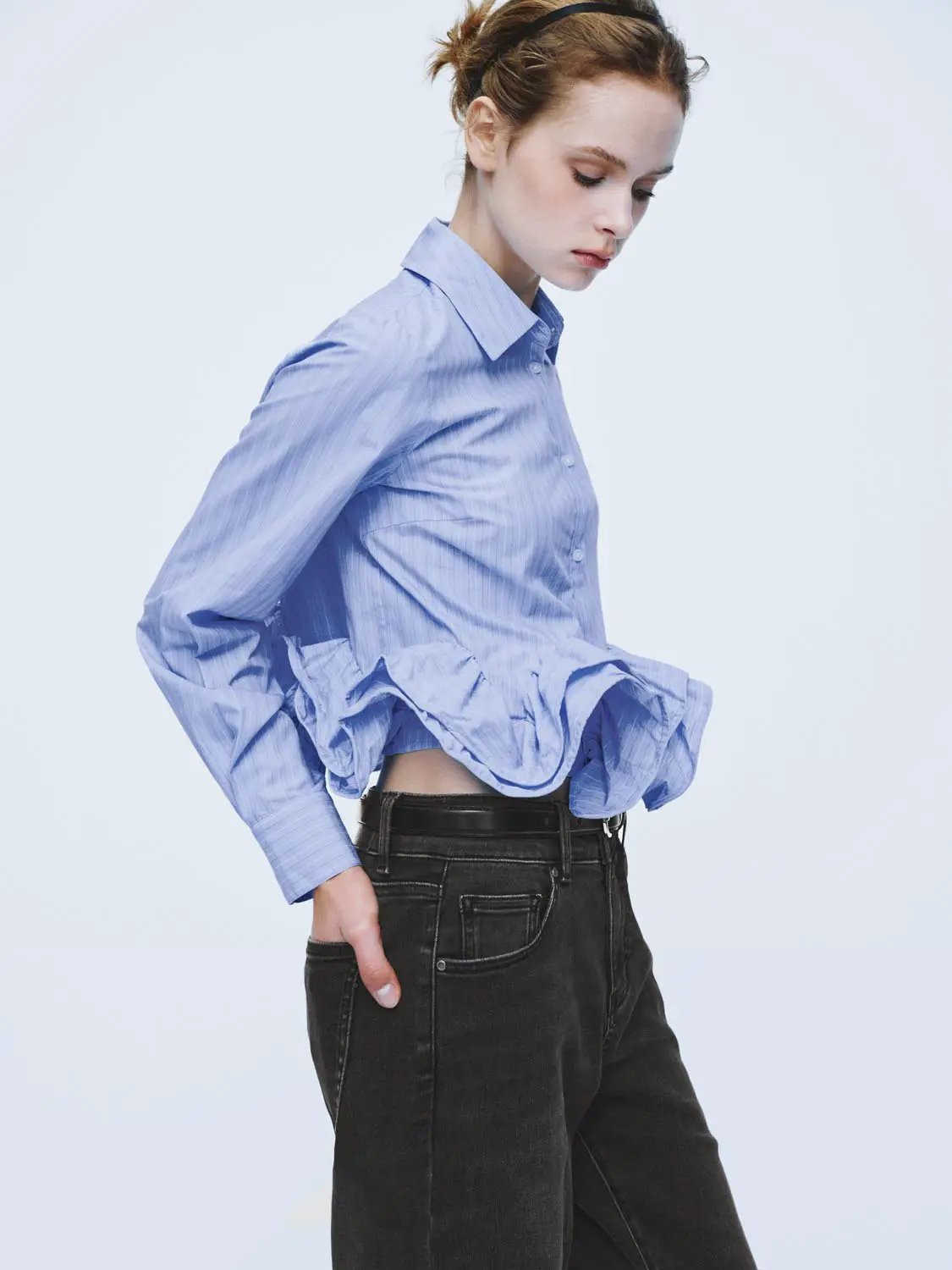 Open Front Ruffle Hem Striped Cotton Long Sleeve Shirt