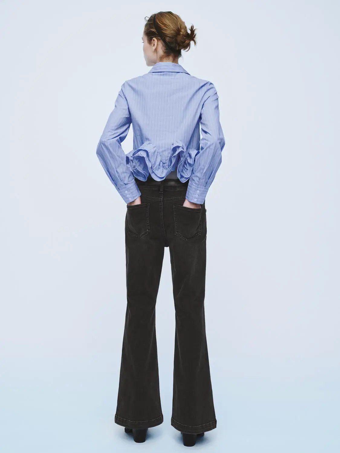 Open Front Ruffle Hem Striped Cotton Long Sleeve Shirt