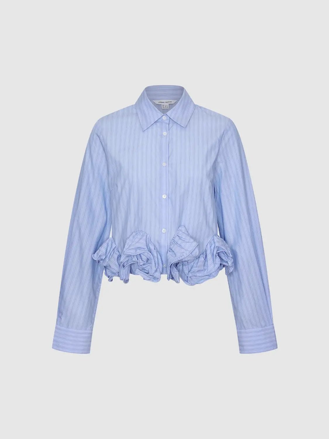 Open Front Ruffle Hem Striped Cotton Long Sleeve Shirt