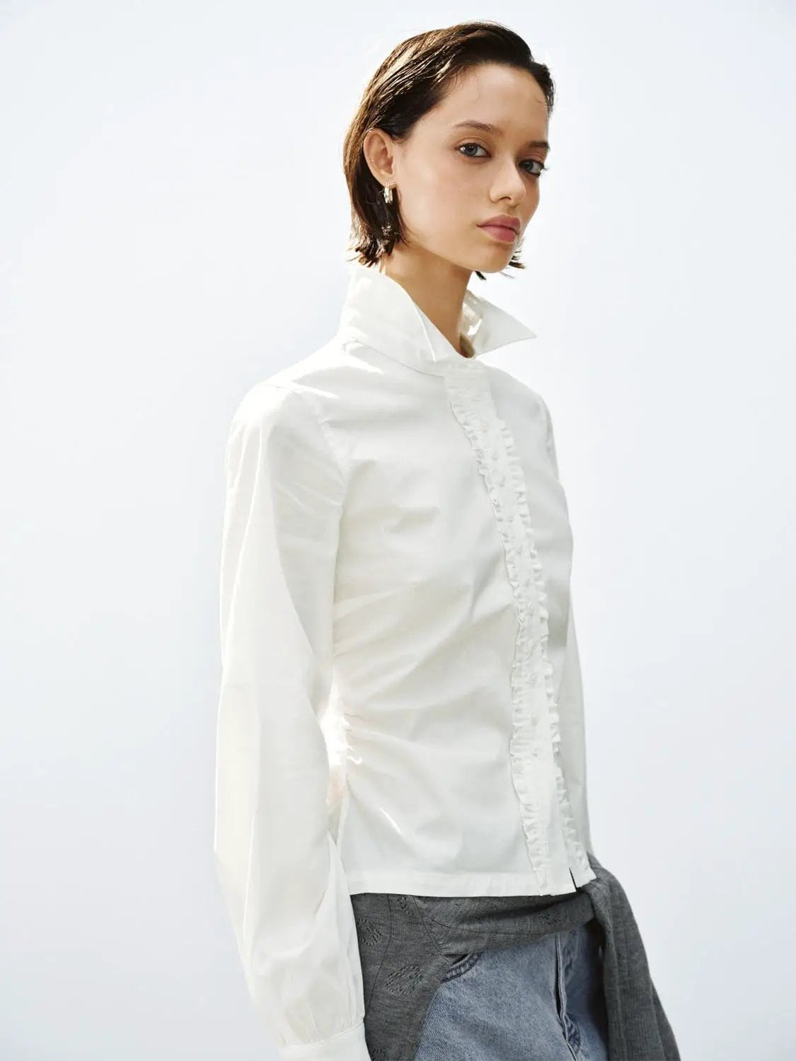 Ruffle Shirt Collar Long Sleeve Cotton Blend Shirt