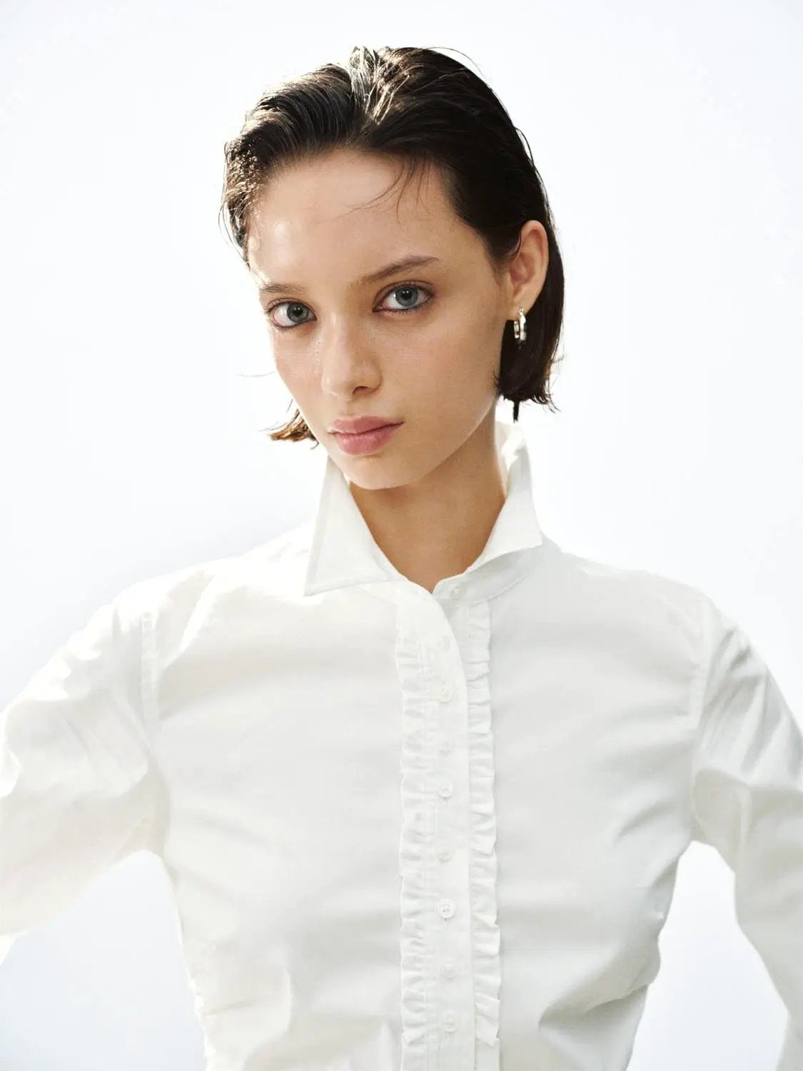 Ruffle Shirt Collar Long Sleeve Cotton Blend Shirt