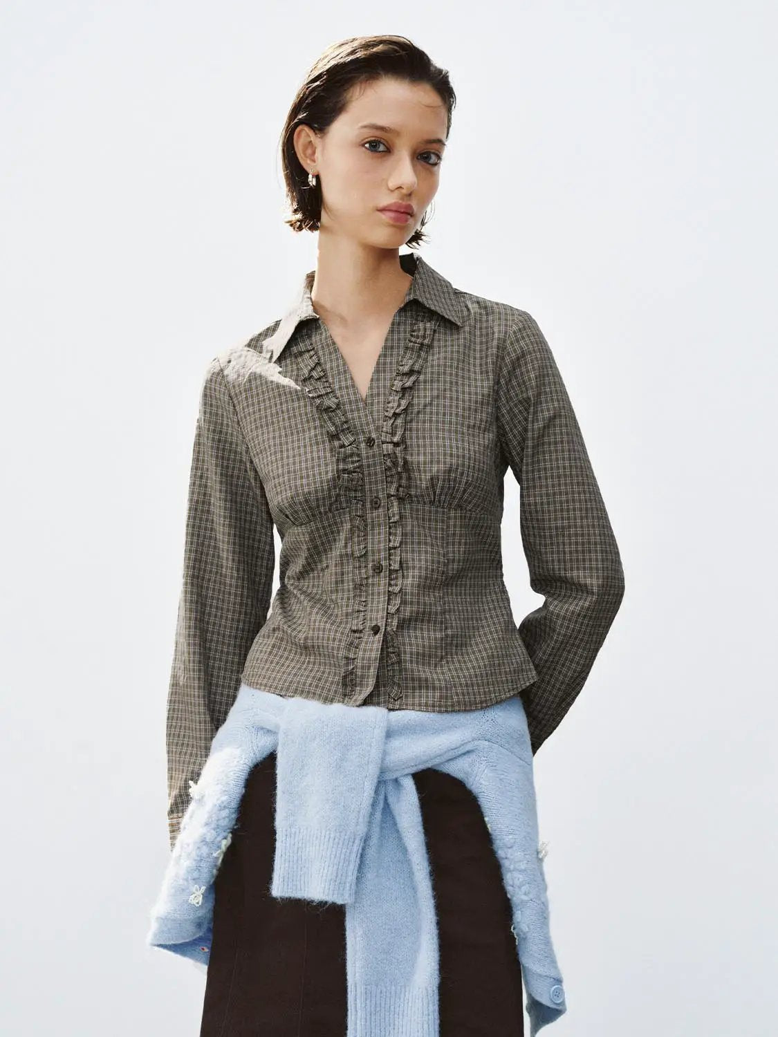 Fitted Checked Ruffle Button-front Long Sleeve Shirt