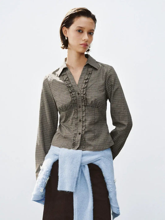 Fitted Checked Ruffle Button-front Long Sleeve Shirt