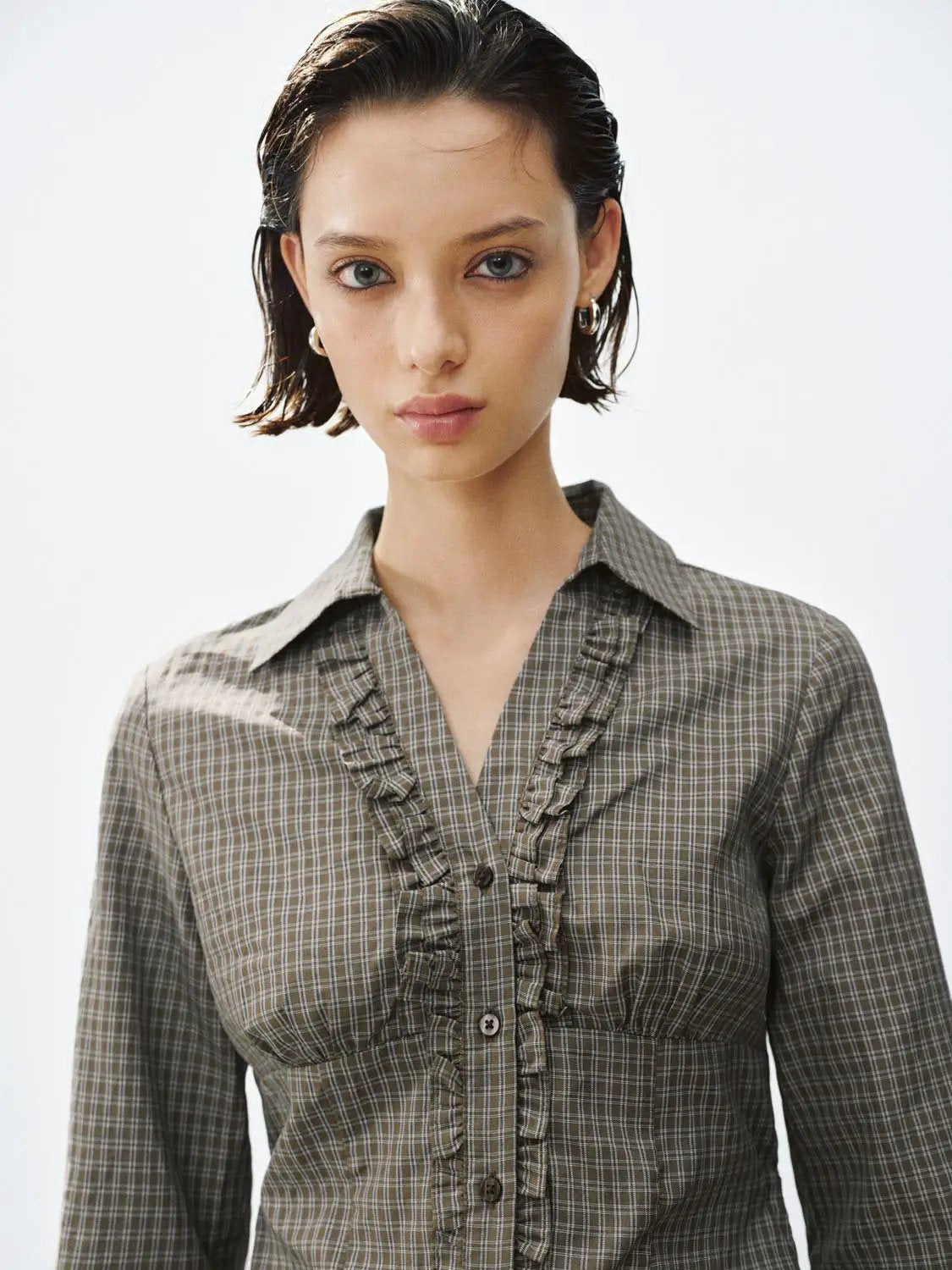 Fitted Checked Ruffle Button-front Long Sleeve Shirt