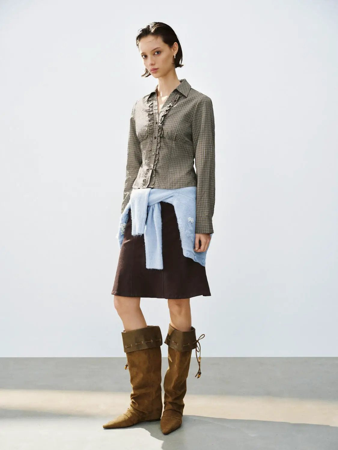 Fitted Checked Ruffle Button-front Long Sleeve Shirt
