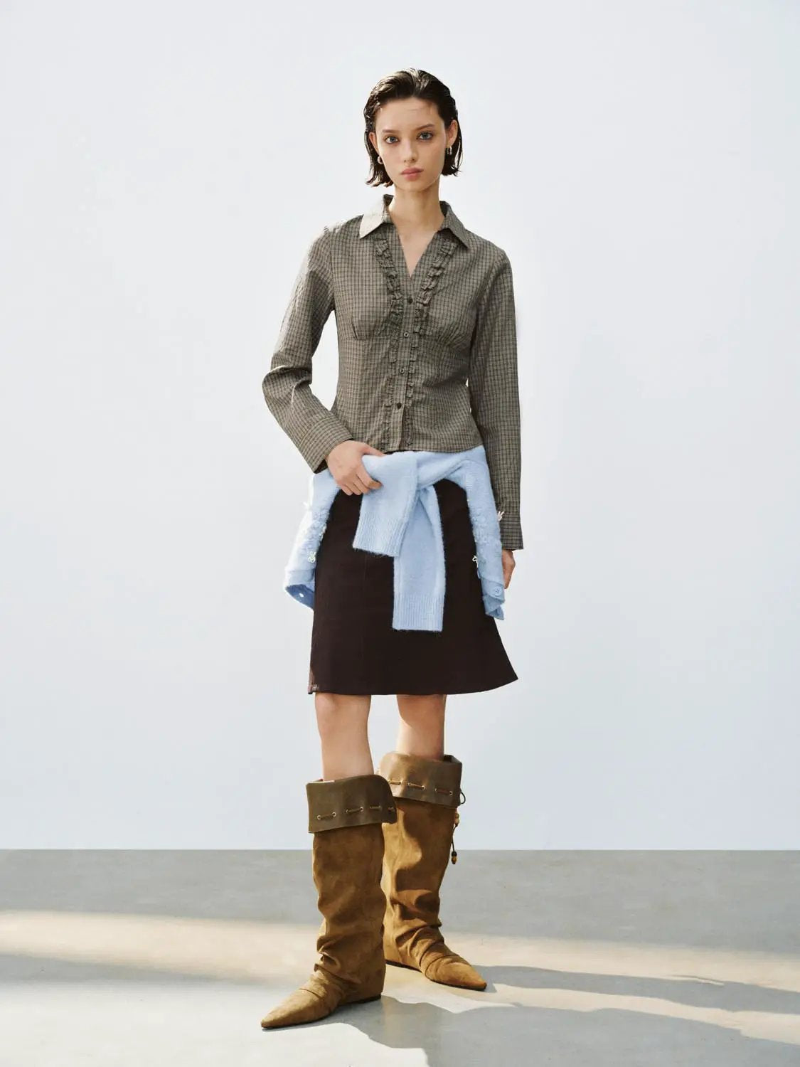 Fitted Checked Ruffle Button-front Long Sleeve Shirt