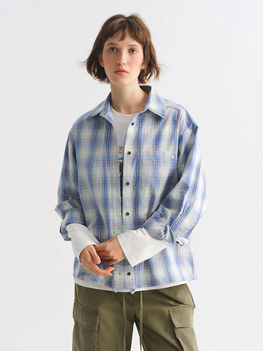 Button Down Checked Oversized Shirt Collar Long Sleeve Cotton Shirt