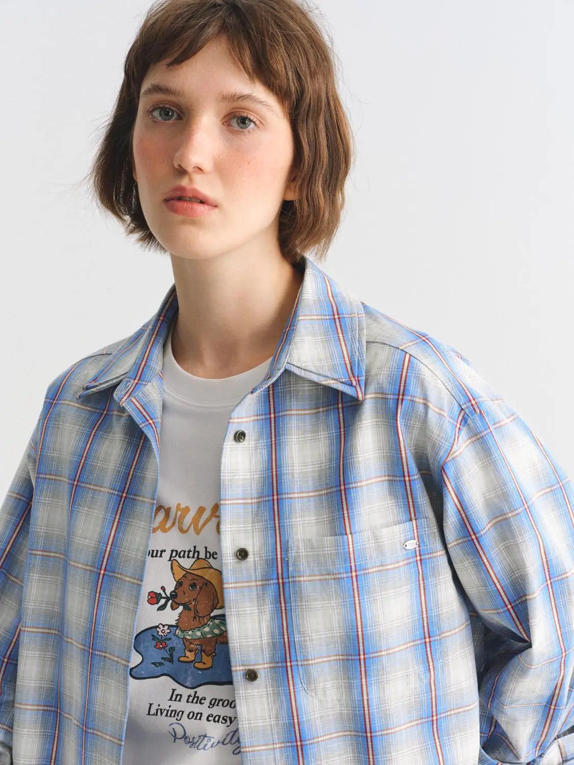 Button Down Checked Oversized Shirt Collar Long Sleeve Cotton Shirt