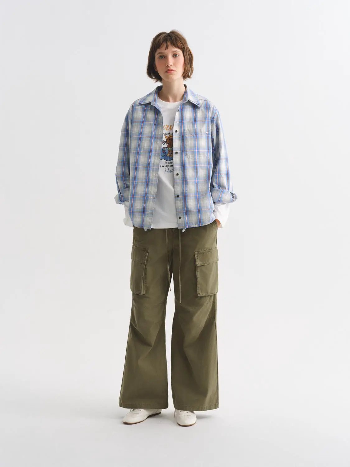 Button Down Checked Oversized Shirt Collar Long Sleeve Cotton Shirt