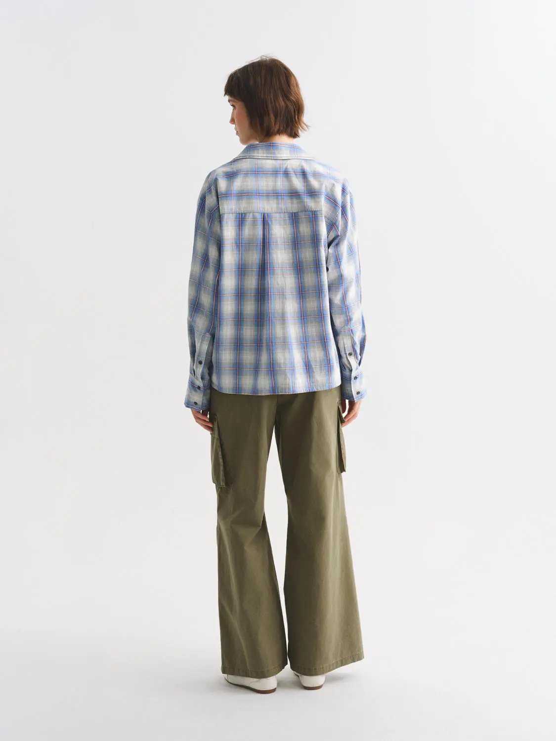 Button Down Checked Oversized Shirt Collar Long Sleeve Cotton Shirt