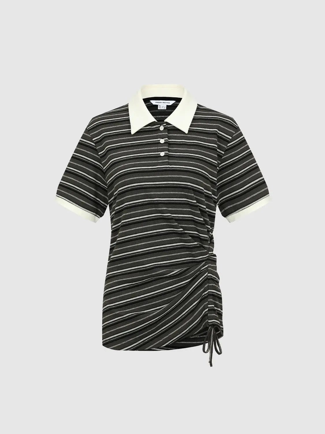 Polo Neck Striped Drawstring Short Sleeve Cotton T-Shirt