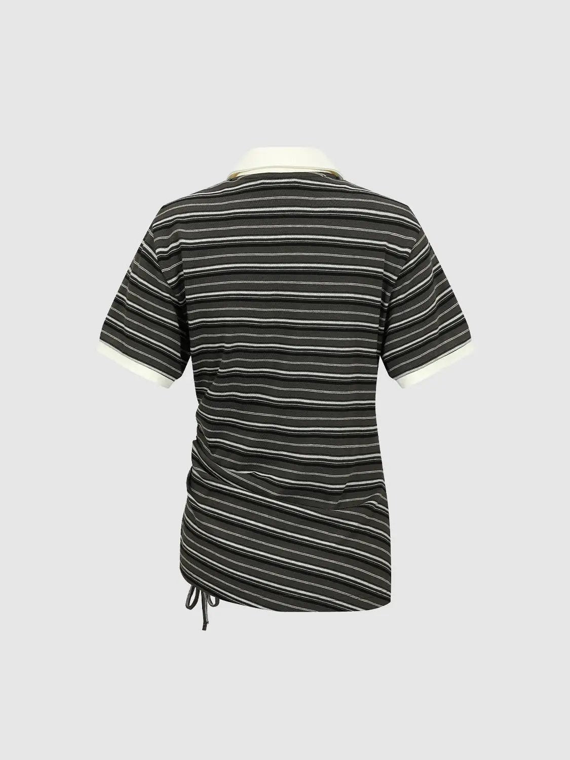 Polo Neck Striped Drawstring Short Sleeve Cotton T-Shirt