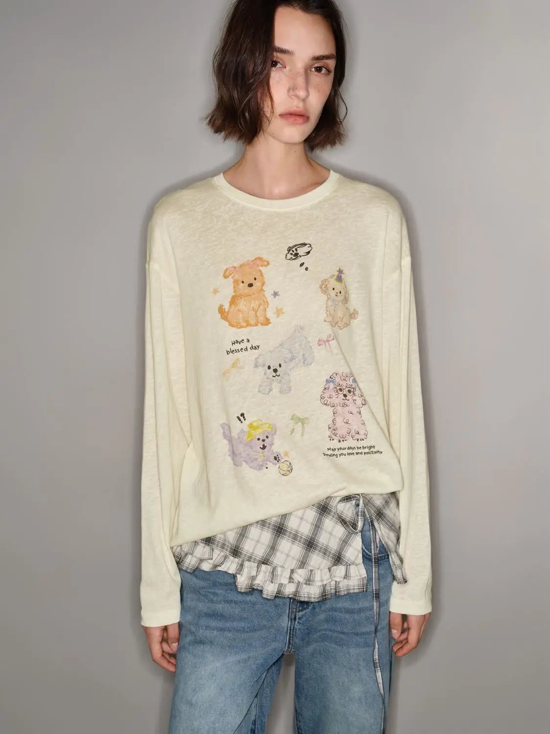 Dog Print Long Sleeve Plaid Hem Cotton T-shirt