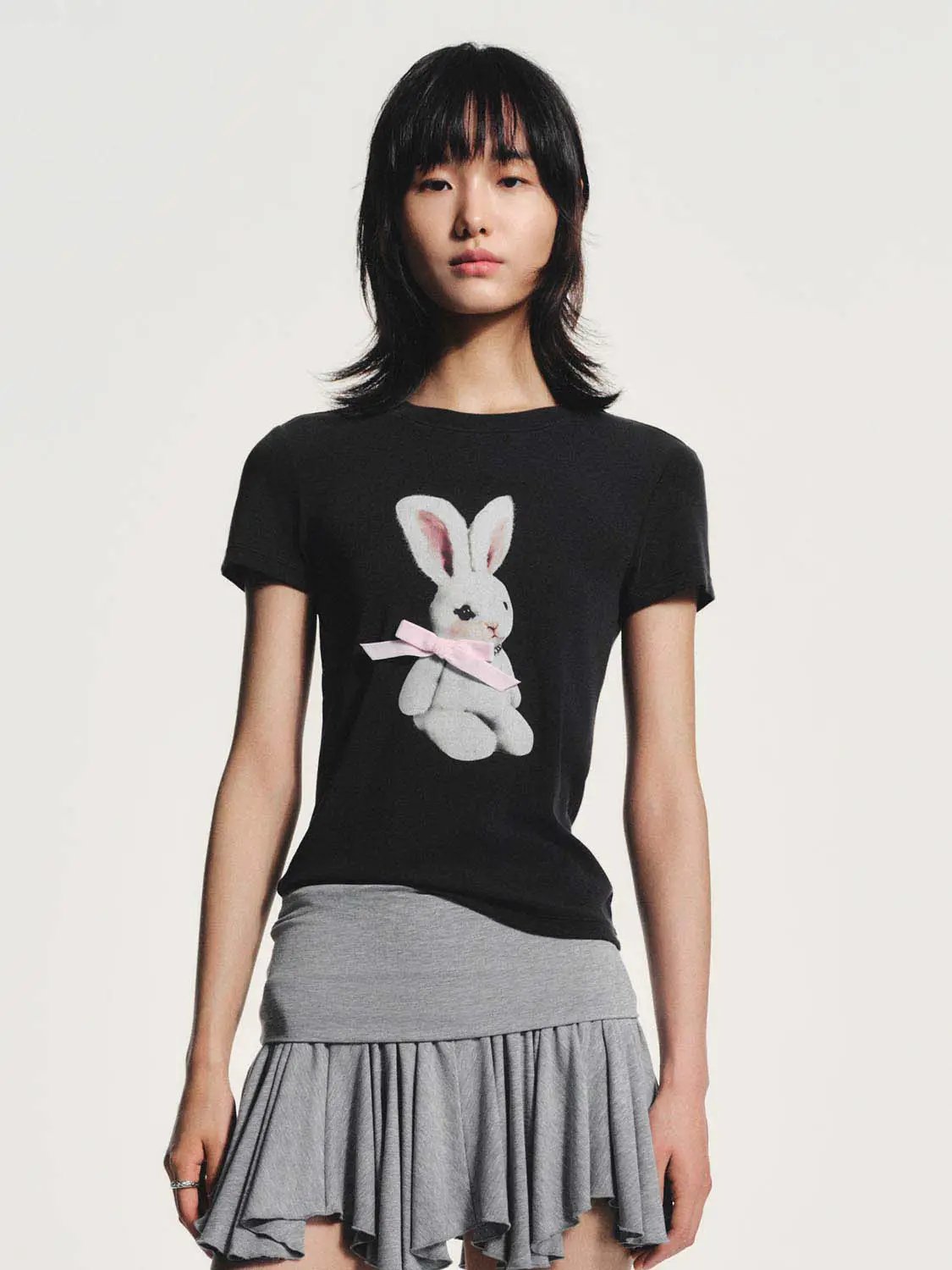 Round Neck Bunny Print Slight Stretch Cotton T-Shirt