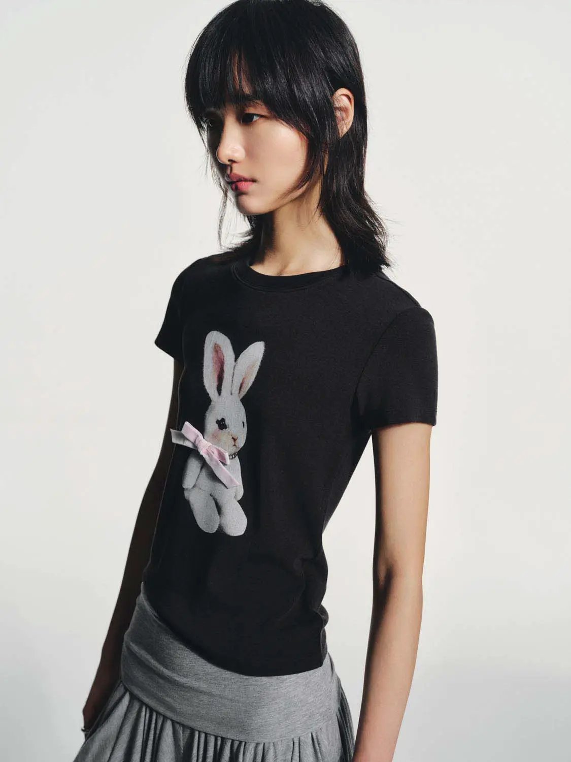 Round Neck Bunny Print Slight Stretch Cotton T-Shirt