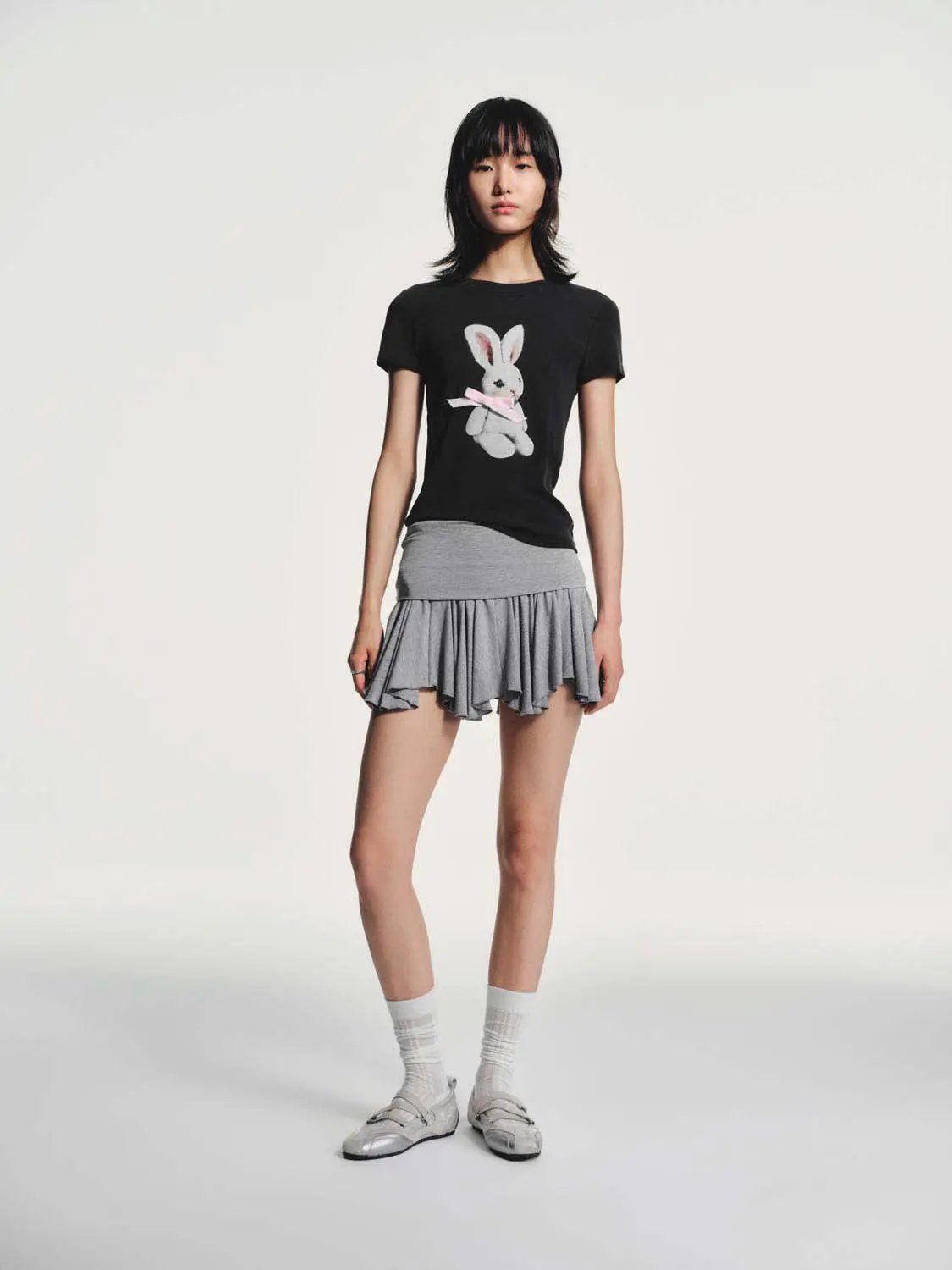 Round Neck Bunny Print Slight Stretch Cotton T-Shirt